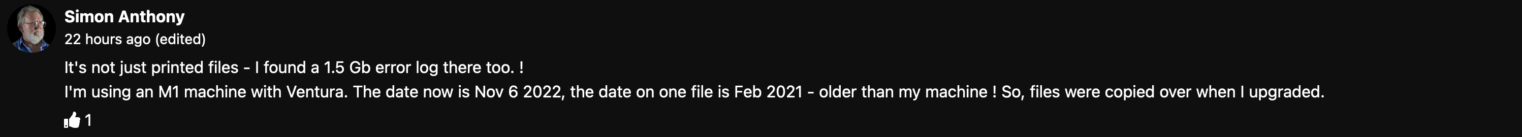 Youtube comment stating files were even copied from a previous Mac and error logs taking a lot of space