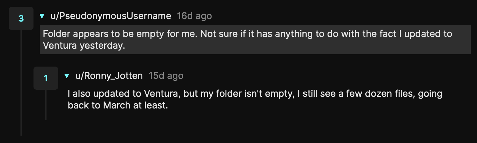Reddit comment stating that the person didn&rsquo;t find any files stored by CUPS