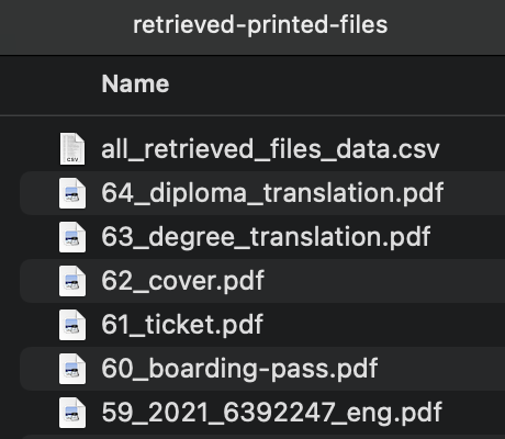 Output folder after running the Python script, showing a couple of retrieved PDF files and the csv file